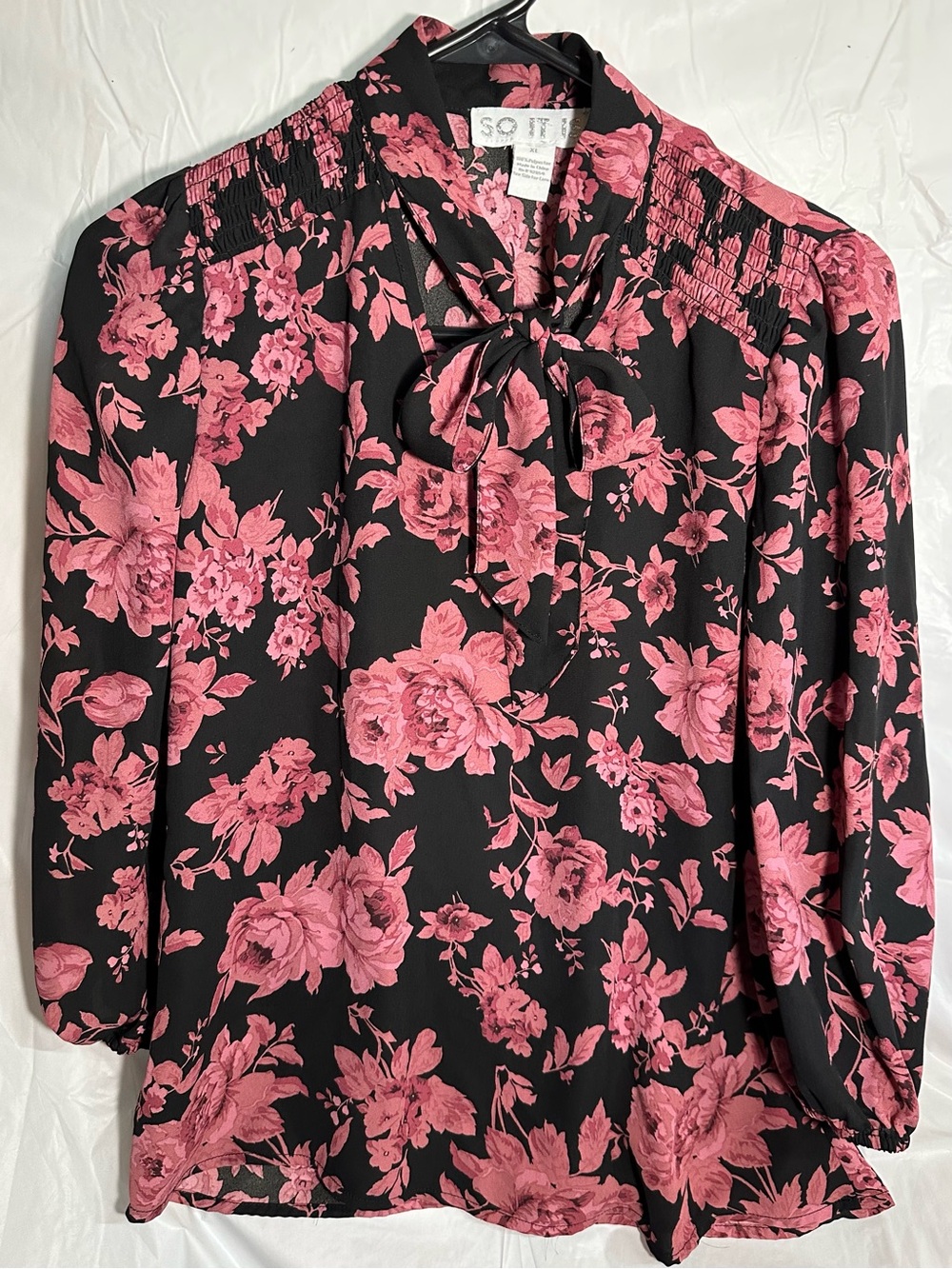 Black Blouse with Pink Floral Tie-Neck